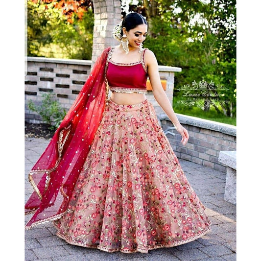 Stunning Red Organza Zari And Sequins Work Floral Wedding Lehenga Choli For Women