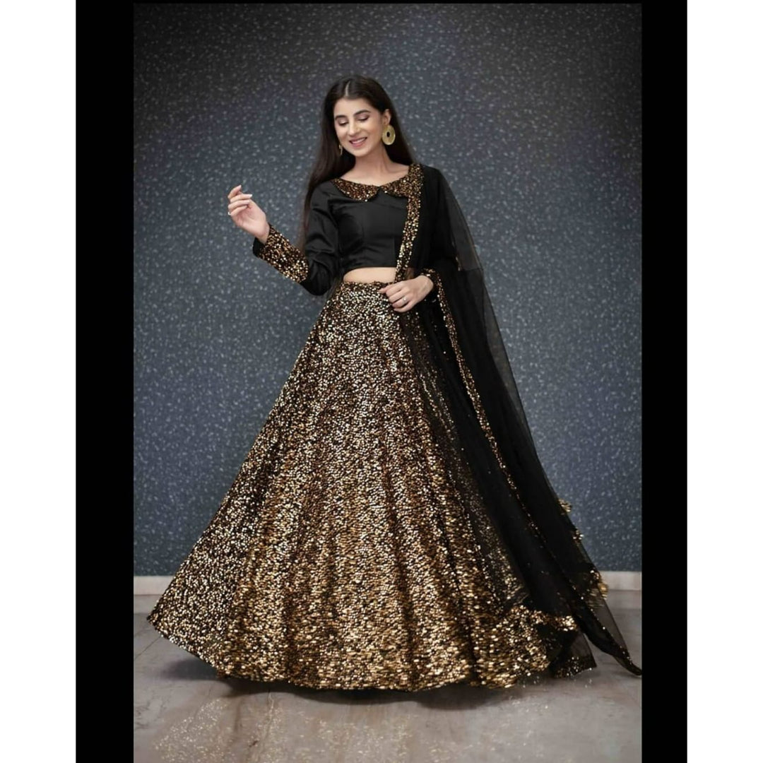 Black Embroidered Crepe Semi Stitched Lehenga