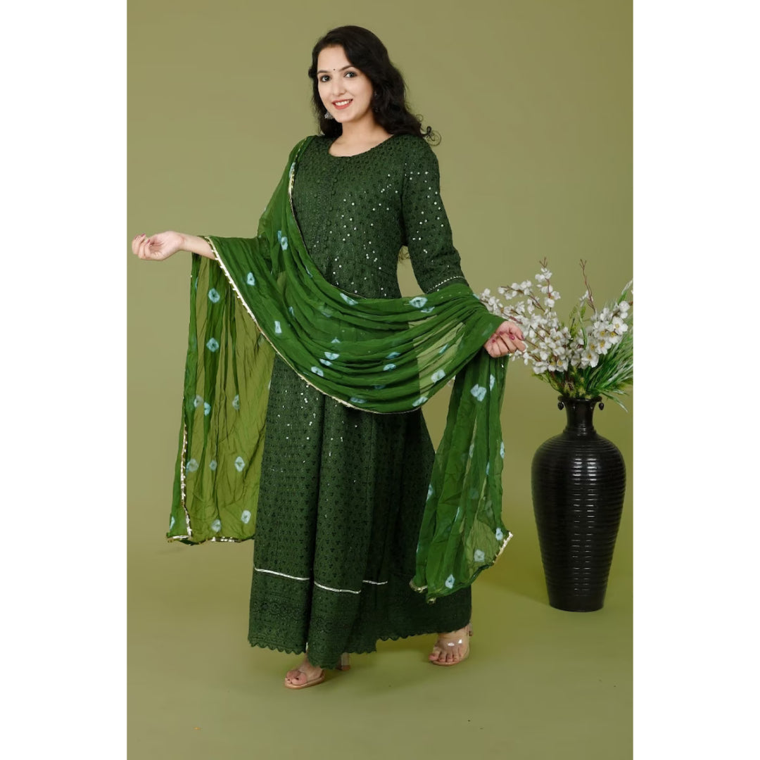 Round Neck Dark Green Solid Anarkali With Hand Painted Organza Dupatta