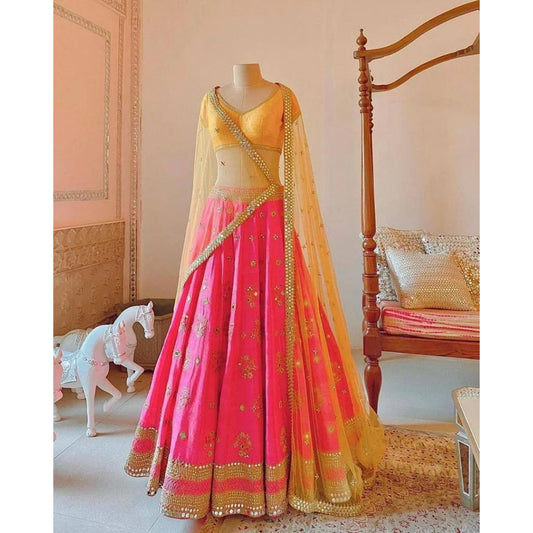 Hypnotizing Deep Pink Thread And Sequins Embroidered Silk Semi Stitched Lehenga