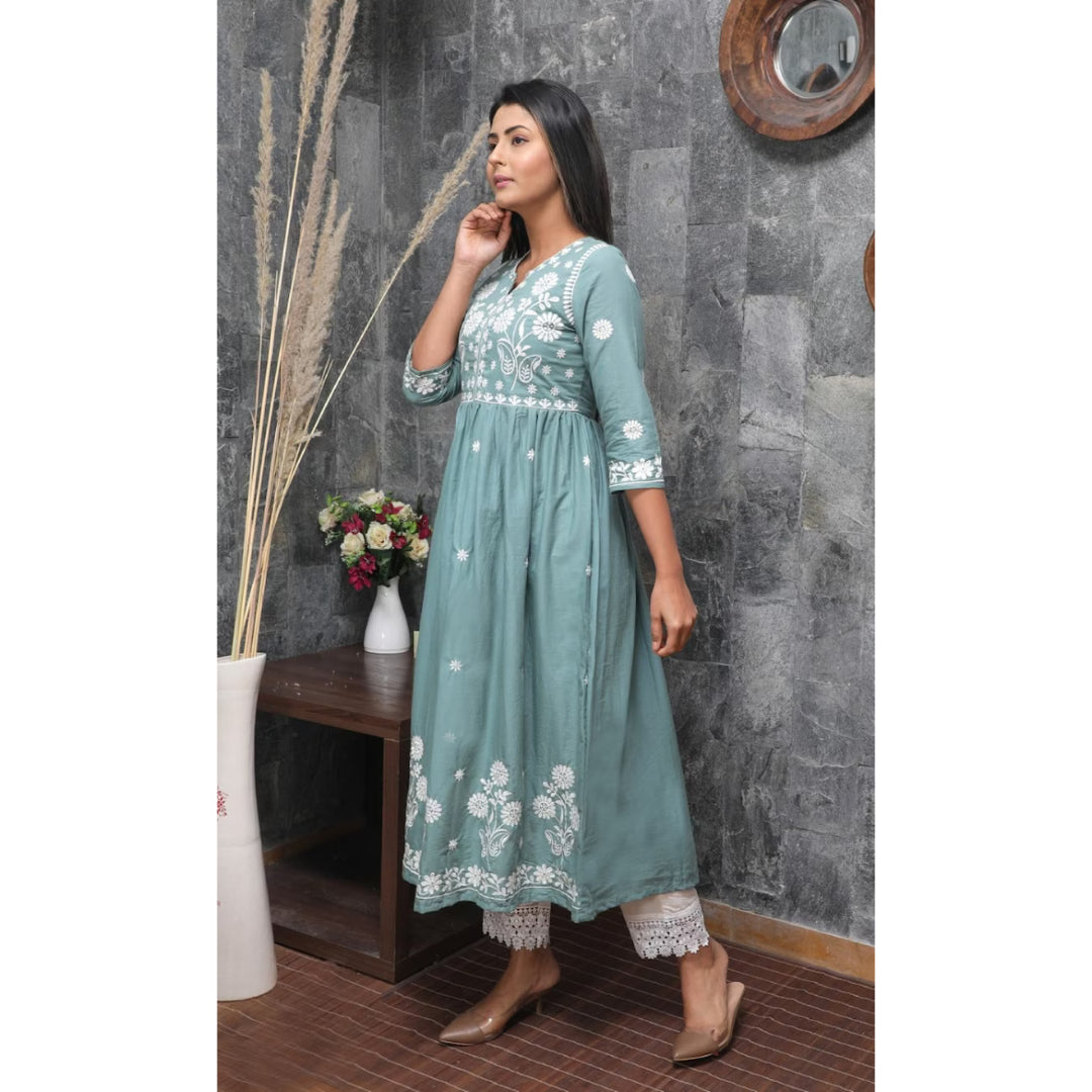 Women's Sky Blue Embroidered Cotton Straight Stiched Kurta Pant With Dupatta Set