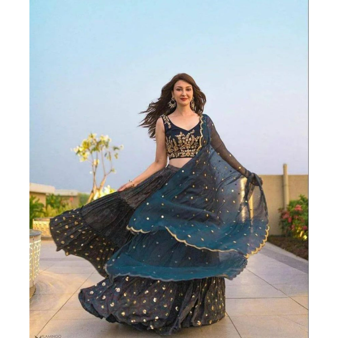 Stunning Dove Blue Organza Zari And Sequins Work Floral Wedding Lehenga Choli For Women