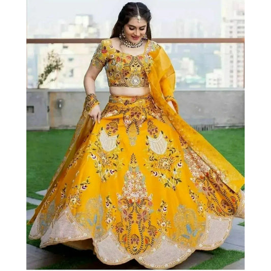 Yellow Designer Fancy Party Wear Georgette Lehenga Choli With Sequence Work Semi Stitched