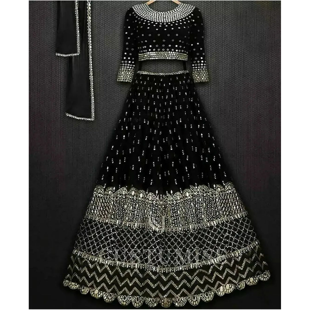 Stunning Black Organza Zari And Sequins Work Floral Wedding Lehenga Choli For Women