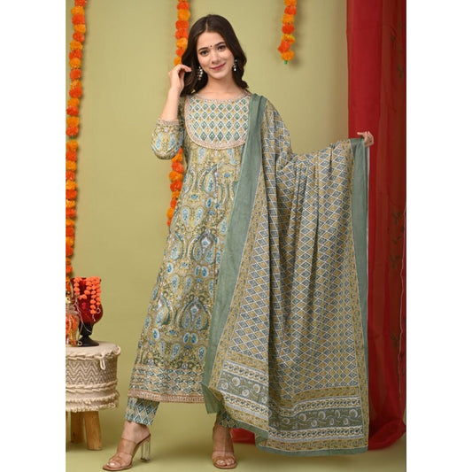 Blue Floral Print Cotton Suit Set