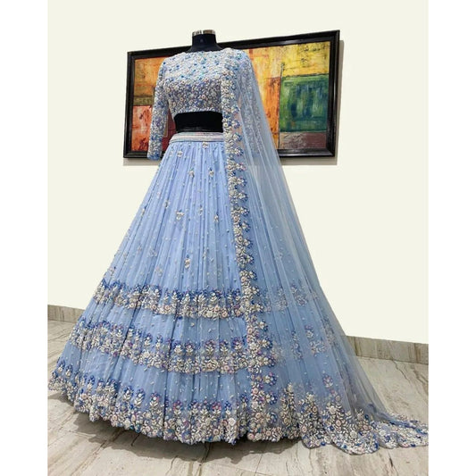 Stunning Sky Blue Organza Zari And Sequins Work Floral Wedding Lehenga Choli For Women