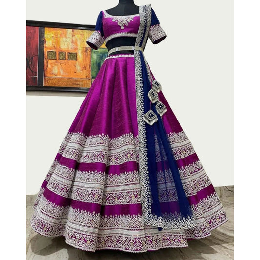 Women's Wear Purple Georgette Plain Lehenga With Sequins Work Unstitched Blouse And Dupatta