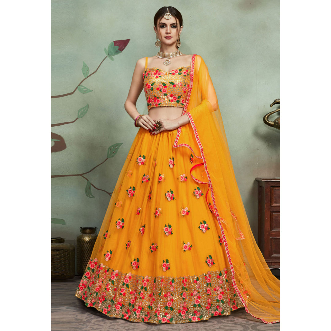 Yellow Amazing Floral Printed Organza Designer Lehenga With Green Blouse And Dupatta