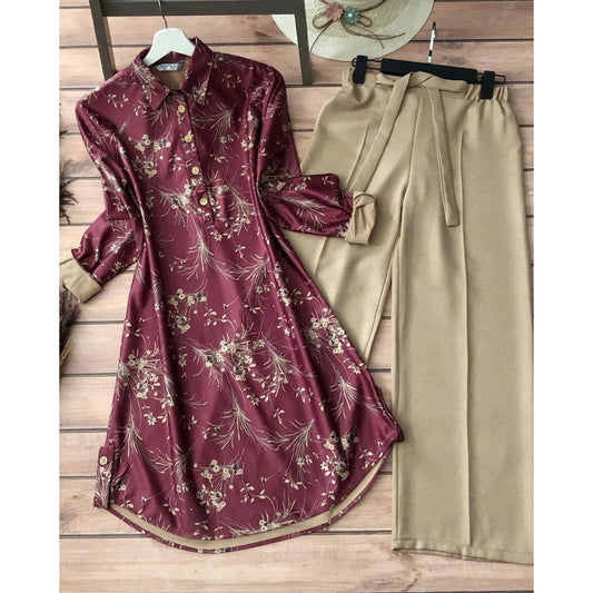 WINE COLOR SMALL FLOWER DESIGN PRINTED TOP AND PALAZZO SET