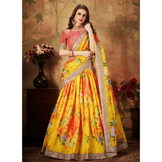 Pink & Yellow Woven Design Semi Stitched Lehenga & Unstitched Blouse With Dupatta