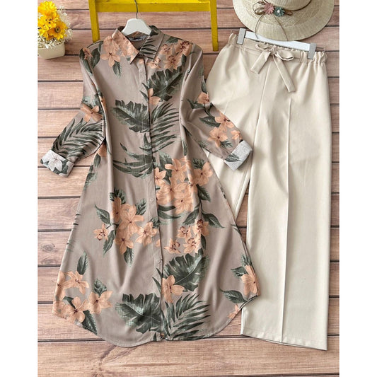 GRAY PITCH FLOWER PRINTED TOP AND PALAZZO SET