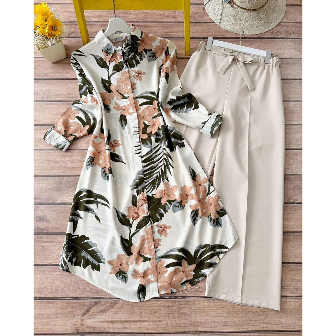 CREAM AND PITCH FLOWER AND LEAF PRINTED TOP AND PALAZZO SET