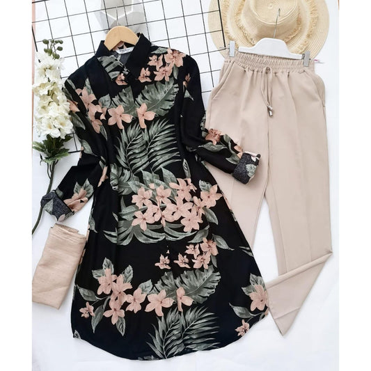 BLACK COLOR PEACH FLOWER PRINTED TOP AND PALAZZO SET